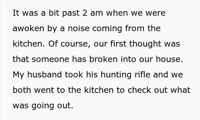 Text describing the hunter and his wife checking the kitchen after hearing a noise, preparing for a potential intruder. Text describing the hunter and his wife checking the kitchen after hearing a noise, preparing for a potential intruder.