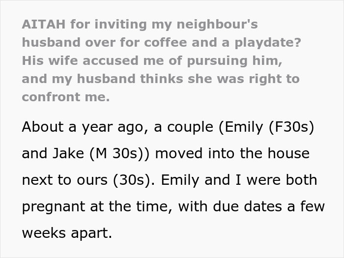 Screenshot of text about a miscommunication regarding a neighbor, husband, and baby cam accusation of pursuing.