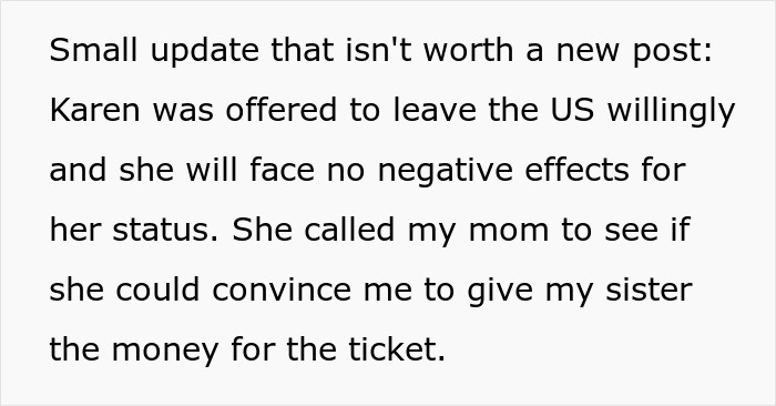 Black text on a white background details a sister leaving the US, seeking money, after taunting about infertility and being a great mom.