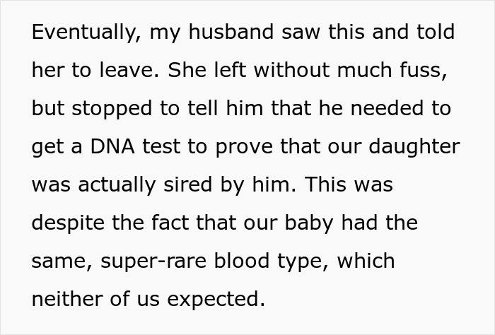 Text detailing how a husband intervened as his MIL made outrageous accusations, suggesting a DNA test after birth.