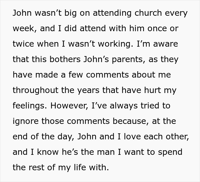 Screenshot of text explaining how in-laws comments about church attendance have hurt feelings before the wedding reception. Screenshot of text explaining how in-laws comments about church attendance have hurt feelings before the wedding reception.