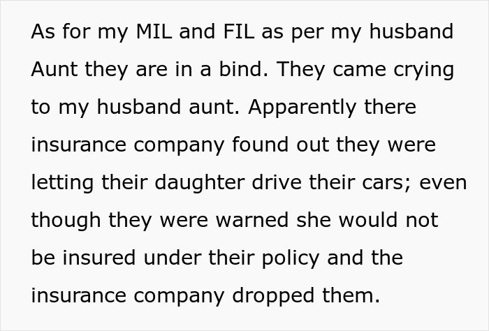 Text detailing how the SILs parents insurance dropped them for letting her drive uninsured, due to bullying. Text detailing how the SILs parents insurance dropped them for letting her drive uninsured, due to bullying.