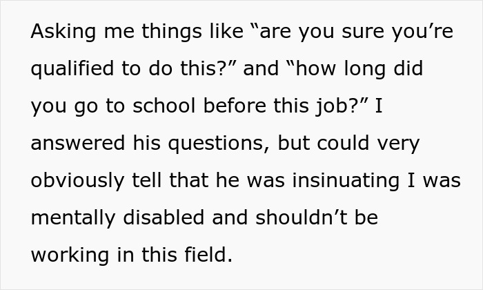 Text showing a father questioning a medical worker's qualifications, insinuating a disability. Text showing a father questioning a medical worker's qualifications, insinuating a disability.