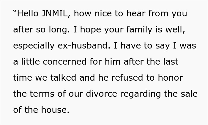 Ex-DIL responds to ex-MIL's gift request, recalling ex-husband's refusal to honor divorce terms. Ex-DIL responds to ex-MIL's gift request, recalling ex-husband's refusal to honor divorce terms.