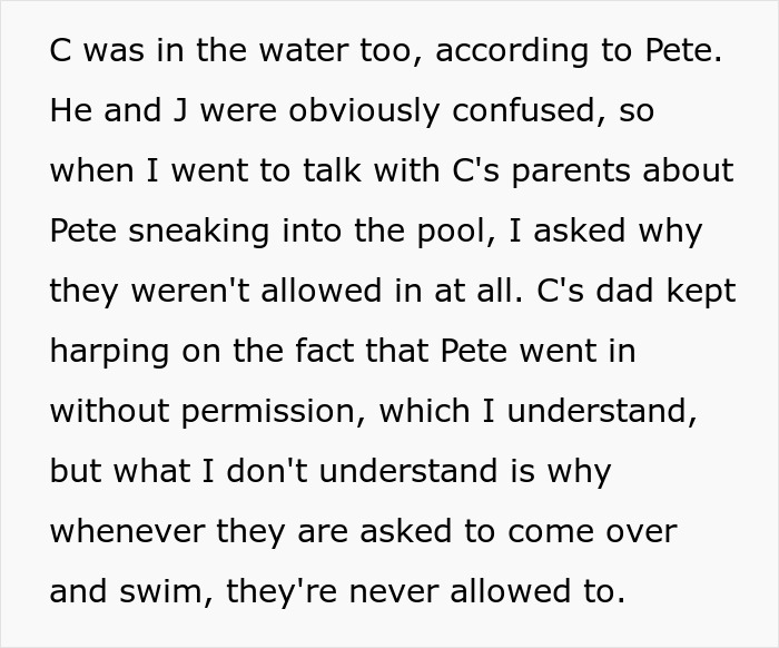 A screenshot of text discussing parents denying pool access and the confusion of the brother and his friend. A screenshot of text discussing parents denying pool access and the confusion of the brother and his friend.