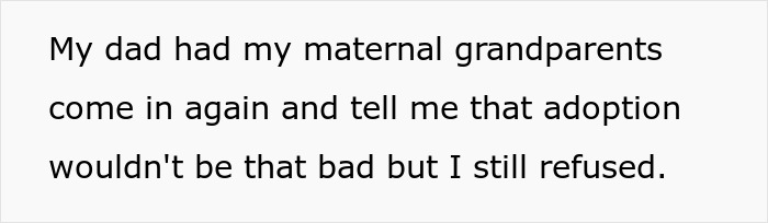 Text detailing a woman's choice to be adopted by her stepmom, and inheritance issues with her brother. Text detailing a woman's choice to be adopted by her stepmom, and inheritance issues with her brother.