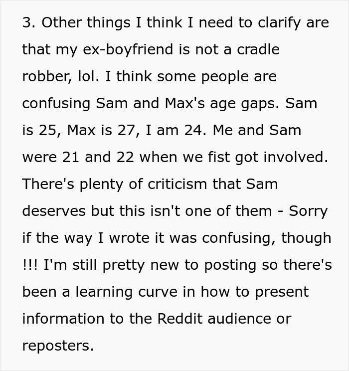 A screenshot of text clarifying ages in the story about a man playing friends against each other. A screenshot of text clarifying ages in the story about a man playing friends against each other.