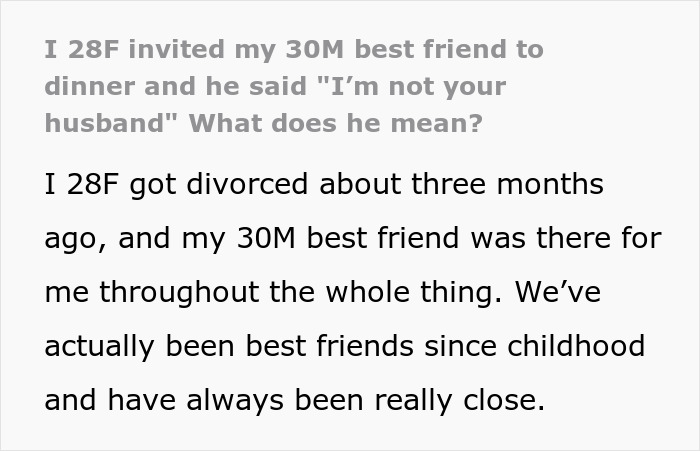Text snippet explaining a bestie pulling away and saying he is not her husband after she supported him through divorce. Text snippet explaining a bestie pulling away and saying he is not her husband after she supported him through divorce.
