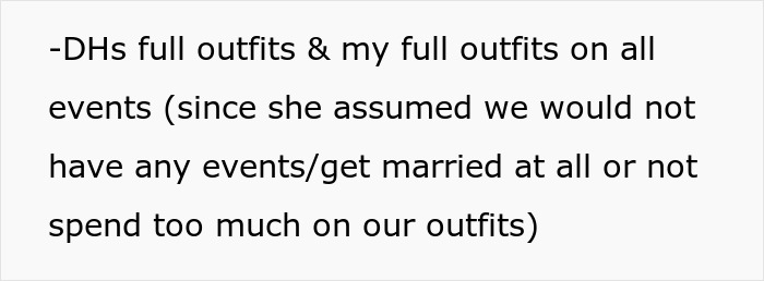The bride's and groom's full outfits in wedding photos for the estranged MIL. The bride's and groom's full outfits in wedding photos for the estranged MIL.