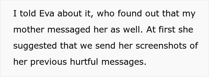 Text snippet: Guy's mom makes GF's vitiligo her favorite insult, now Eva suggests sending screenshots of hurtful messages.