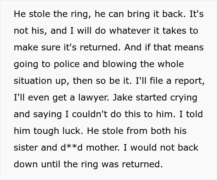 Father insists son return the stolen family heirloom from the proposal, ready for legal action. Father insists son return the stolen family heirloom from the proposal, ready for legal action.