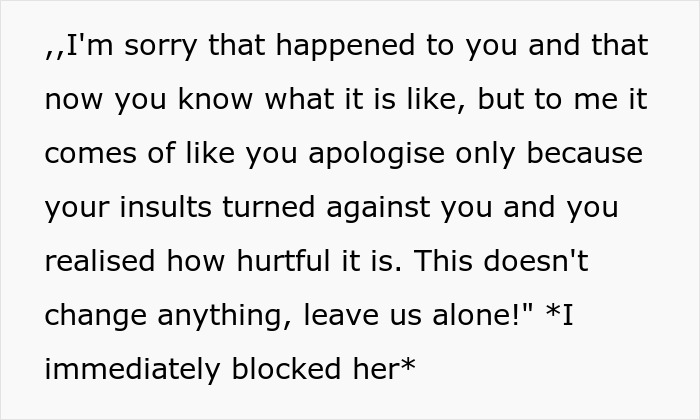 A Reddit post section of a message telling his mom he is sorry she got vitiligo but she only apologized because her insults backfired.