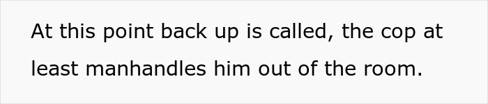 Text describing a cop manhandling a man out of a room, after his fit over an ambulance.