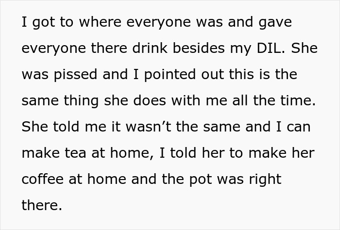 A screenshot of text explaining MIL's refusal to get DIL's coffee order, leading to a son demanding an apology.