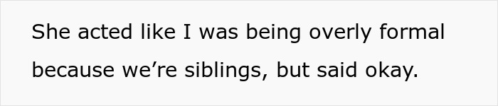 A screenshot of text about the sister's reaction, describing her perspective on the personal lounge situation. A screenshot of text about the sister's reaction, describing her perspective on the personal lounge situation.