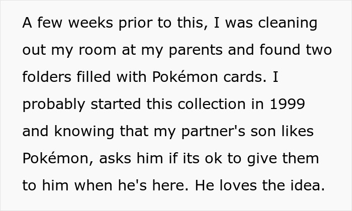 Screenshot of text detailing finding Pokemon cards as gifts for a stepson, touching on buying stepson's love with gifts.