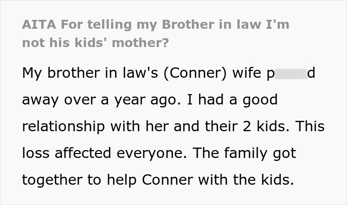 Screenshot of text about a grieving guy and his brother in law, discussing the wife's passing and family support for kids. Screenshot of text about a grieving guy and his brother in law, discussing the wife's passing and family support for kids.