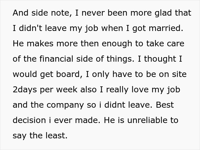 A woman is glad she didn't leave her job when MIL issues drove her to leave her son, ensuring financial independence. A woman is glad she didn't leave her job when MIL issues drove her to leave her son, ensuring financial independence.