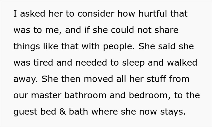 Wife's secret conversations lead to her moving to the guest room after a confrontation about shared secrets. Wife's secret conversations lead to her moving to the guest room after a confrontation about shared secrets.