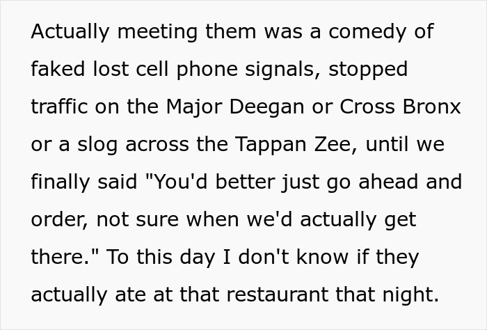 Text details how the couple trying to find fun dinner buddies was delayed due to faked signals. Text details how the couple trying to find fun dinner buddies was delayed due to faked signals.