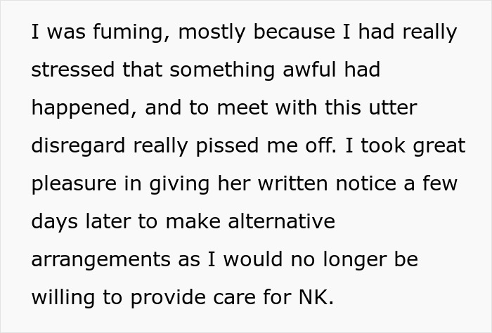 A screenshot of a text message where a nanny expresses anger and gives notice to an entitled parent for being late.