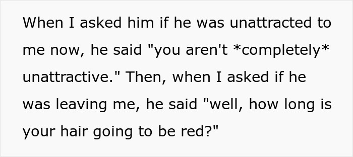 Screenshot of text where a boyfriend questions the hair color change, asking how long it will be red, after she dyed it.