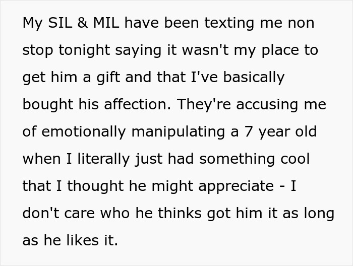 A screenshot showing text about buying stepson love with gifts. Family members accuse the gift-giver of emotionally manipulating a 7-year-old.