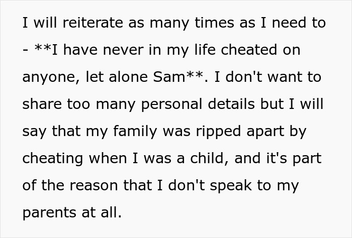 Screenshot of text about the Man playing his friends against each other and never cheating on anyone, especially Sam. Screenshot of text about the Man playing his friends against each other and never cheating on anyone, especially Sam.