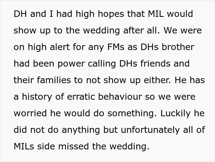 Screenshot of text describing how the MIL missed the wedding, despite hopes she would attend the celebration. Screenshot of text describing how the MIL missed the wedding, despite hopes she would attend the celebration.