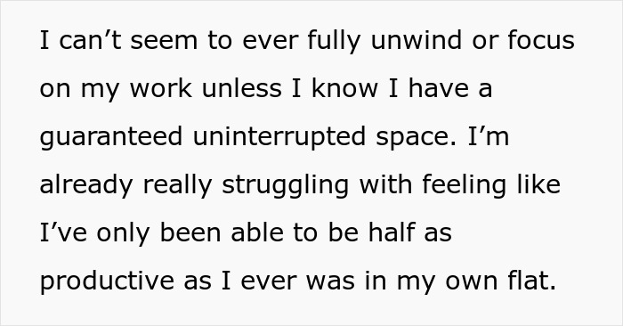 Text describing a 22-year-old daughter's struggle to focus on work due to lack of privacy with her controlling mom. Text describing a 22-year-old daughter's struggle to focus on work due to lack of privacy with her controlling mom.