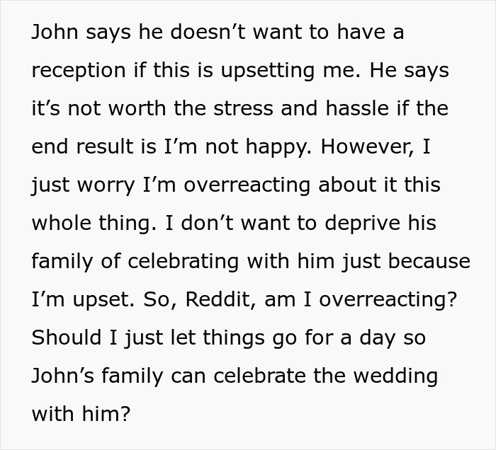 A Christian woman ponders cancelling her wedding reception, debating if she is overreacting to marriage advice. A Christian woman ponders cancelling her wedding reception, debating if she is overreacting to marriage advice.