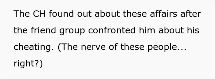 Text explaining a guy's affair was exposed before a group vacation, revealing more cheaters. Text explaining a guy's affair was exposed before a group vacation, revealing more cheaters.
