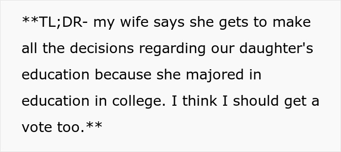 A screenshot showing text from an online forum post about a mom wanting control over her kid's education.