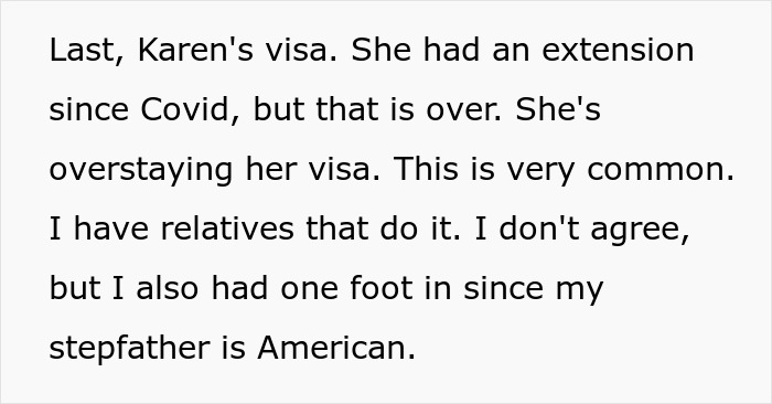 Text about Karen's overstayed visa, relevant to a half-sister's taunts about infertility. Woman as a great mom.