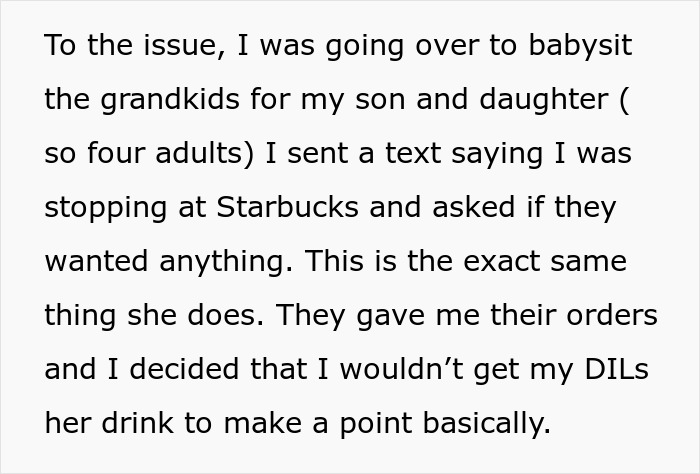 A screenshot of text detailing MIL's refusal to get DIL's coffee order, mirroring DIL's pettiness.