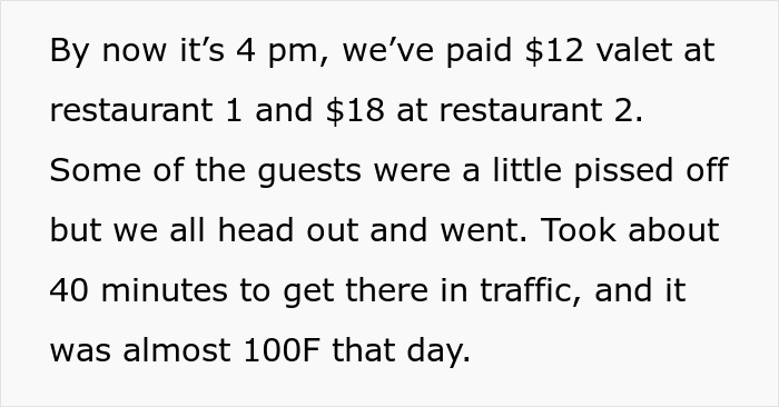 Screenshot of text showing the increasing frustration of wedding guests due to driving and heat in LA.