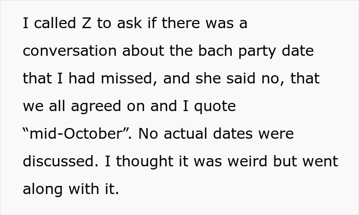 Text discussing a missed conversation about a bachelorette date dispute. Text discussing a missed conversation about a bachelorette date dispute.