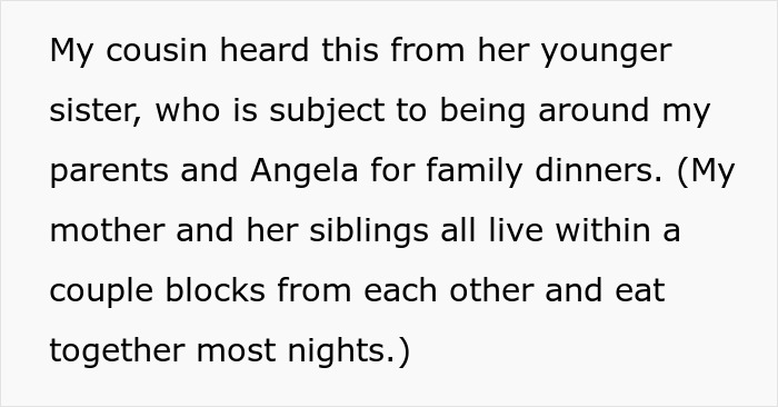 Screenshot of text discussing a cousin hearing about the toxic sis infertility situation from her younger sister. Screenshot of text discussing a cousin hearing about the toxic sis infertility situation from her younger sister.
