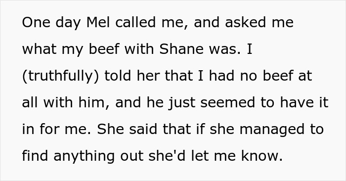 Text about a conversation regarding a workplace bully's behavior, stealing credit for work. Text about a conversation regarding a workplace bully's behavior, stealing credit for work.