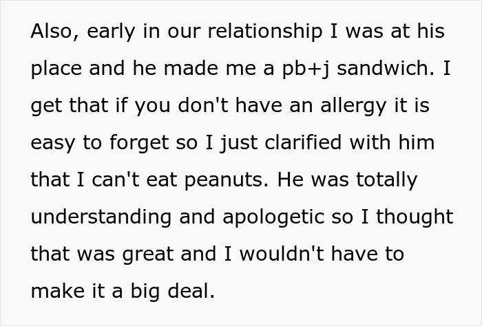 Screenshot of a post where a woman clarifies her peanut allergy to her boyfriend after he made a sandwich. Screenshot of a post where a woman clarifies her peanut allergy to her boyfriend after he made a sandwich.