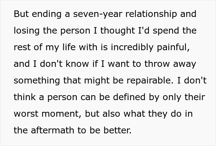 Text reflecting on a seven-year relationship, the pain of losing a fiancé, and repairing a medical emergency. Text reflecting on a seven-year relationship, the pain of losing a fiancé, and repairing a medical emergency.
