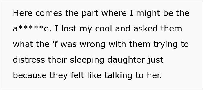 The babysitter confronting the gaslighting parents about distressing their sleeping baby. The babysitter confronting the gaslighting parents about distressing their sleeping baby.