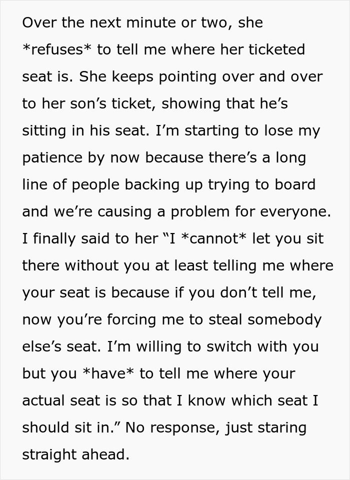 A frustrated woman is arguing with a mom to switch plane seats, but the mom refuses to tell her actual seat. A frustrated woman is arguing with a mom to switch plane seats, but the mom refuses to tell her actual seat.