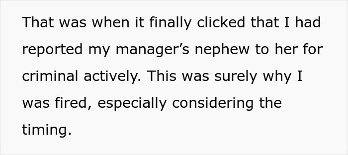 Cashier fired for reporting theft, realizing it was manager's nephew, keeping incriminating evidence. Cashier fired for reporting theft, realizing it was manager's nephew, keeping incriminating evidence.