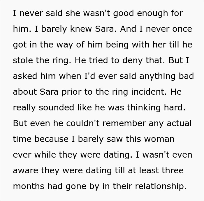 Text discussing a son's theft of a family heirloom for a proposal and blaming his dad. Text discussing a son's theft of a family heirloom for a proposal and blaming his dad.