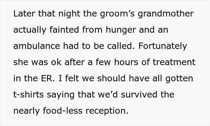Text describing a wedding guest fainting from hunger, highlighting the hunger fight from only appetizers. Text describing a wedding guest fainting from hunger, highlighting the hunger fight from only appetizers.