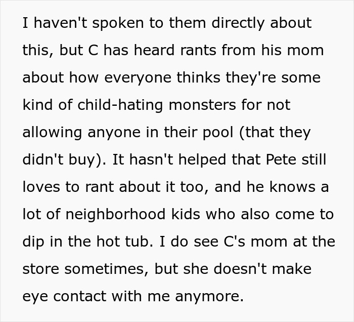 A screenshot of text about a mother ranting about not allowing anyone in their pool and kids in a hot tub. A screenshot of text about a mother ranting about not allowing anyone in their pool and kids in a hot tub.