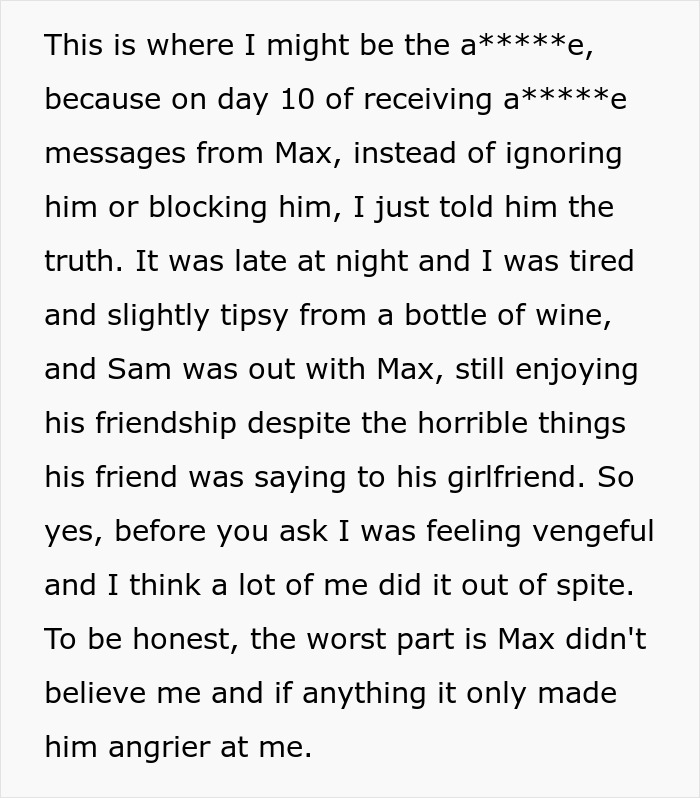 Screenshot of text describing the ex-girlfriend's revenge after the man plays friends against each other. Screenshot of text describing the ex-girlfriend's revenge after the man plays friends against each other.