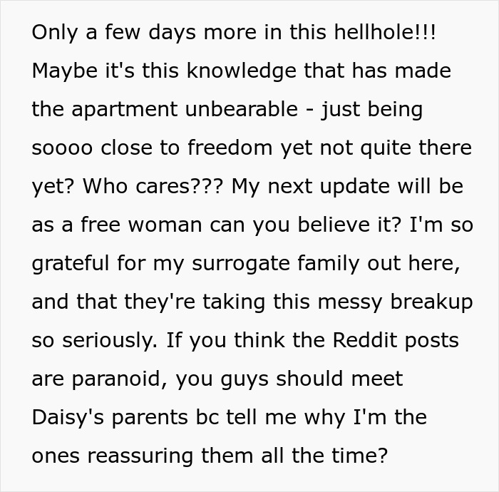 Text about escaping a hellhole, expressing gratitude for a surrogate family, and the messy breakup where friends play each other. Text about escaping a hellhole, expressing gratitude for a surrogate family, and the messy breakup where friends play each other.