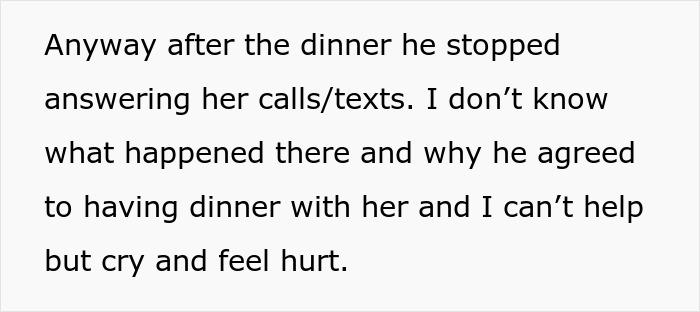 Text describing the ex stopped answering calls/texts after dinner, a consequence of the woman calling dibs. Text describing the ex stopped answering calls/texts after dinner, a consequence of the woman calling dibs.